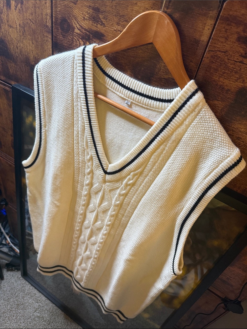 Men's Cream V-Neck Cable Knit Sweater Vest with Black Trim Golf